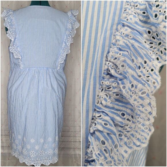 Loft Sz LP Blue Striped Eyelet Button Ruffle Swing‎ Dress Country Cottage Coasta - Picture 3 of 8